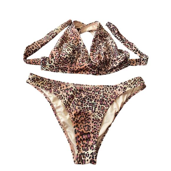 Shade & Shore 2 PC Bikini Animal Print Size Small Brown Pink Halter Swimwear - Picture 4 of 12